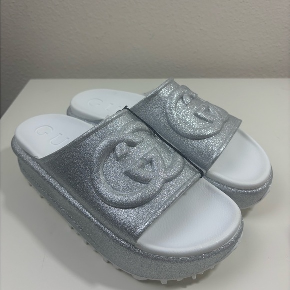 Gucci Interlocking G Glitter Rubber Platform Mules Sandals Slide - Picture 3 of 7